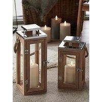 Lights4fun Set of 2 Nautical Wooden Decorative Battery Operated TruGlow® LED Candle Lanterns with Rope Handle Indoor Outsoor Use