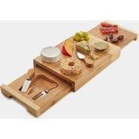 VonShef Bamboo Cheese Board, Square Serving Tray with Stainless Steel Knife Set, Easy Clean Charcuterie Serving Board with Two Pull Out Knife Drawers & Gift Box