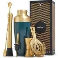 VonShef Cocktail Making Set 9pc Green Brushed Gold Barware Gift Muddler Jigger