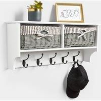 VonHaus Hallway Coat Hooks Wall Mounted - White Wooden Coat Rack With Shelf & Wicker Storage Baskets, Contemporary Hallway Furniture, Hanging Hallway Decor