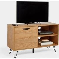 VonHaus Capri TV Unit 120cm Oak Effect Console Table Pull Down Door & 2 Shelves