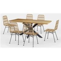 Dining Table & Chairs Set, Light Wood Effect Table with 6 Rattan Chairs, VonHaus
