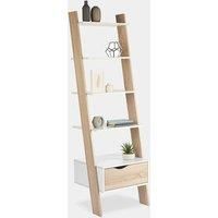 VonHaus Ladder Bookcase Scandinavian Nordic White and Light Oak Effect Bookshelf
