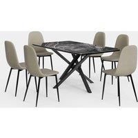 VonHaus Dining Table & Chairs Set - 6 Seater Dining Table with Beige Dining Chairs Set - Rectangular Black Ceramic Dinner Table with 6 Chairs - Marble Effect Dining Room Set & Cord Kitchen Chairs