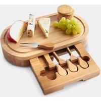 VonShef Wooden Cheese Board Oval Natural Bamboo with Slide Out Draw & 4 Knives