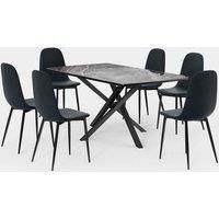 VonHaus Dining Table & Chairs Set - 6 Seater Dining Table with Blue Dining Chairs Set - Rectangular Black Ceramic Dinner Table with 6 Chairs - Marble Effect Dining Room Set & Cord Kitchen Chairs