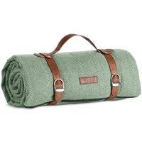 VonShef Picnic Blanket, Large Outdoor Green Picnic Blanket with Waterproof Lining and Faux Leather Carrier Handle, Herringbone Outdoor Blanket 147 x 180cm