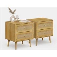 BTFY Rattan Bedside Table | 2 Drawer Bedside Cabinet Nightstand w/ Gold Handles