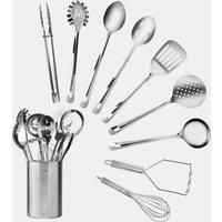 VonShef 10Pc Kitchen Utensils Set, Utensil Pot with 9 Stainless Steel Utensils