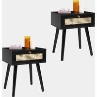 Black Side Tables, Set of 2 Cane Drawers, Bedside Tables 1 Drawer, Spinningfield