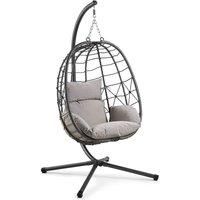 VonHaus Hanging Egg Chair - Grey Rattan Garden Swing Chair with Stand - 1 Seater Hanging Chair with Padded Cushions and Folding Frame - Foldable Swinging Chair for Patio, Balcony - Outdoor & Indoor