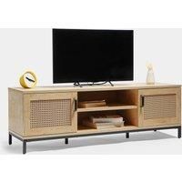 Spinningfield Rattan TV Unit - Light Wood Effect Wicker TV Cabinet - For TV/'s up to 60" - Industrial Scandi Style Entertainment Unit w/ 2 Storage Cupboards & 2 Open Shelves - For Living Room - Riley