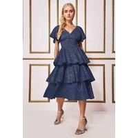Sequin Lurex Tiered Midi Dress - Navy by Goddiva