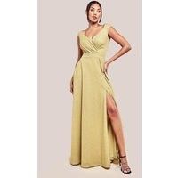 Goddiva Women's Crossover Sparkling Glitter Maxi Dress in Gold | Size: 14