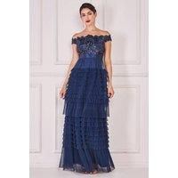 Scallop Bardot Ruffle Mesh Maxi