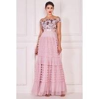 Scallop Bardot Ruffle Mesh Maxi