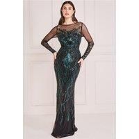Goddiva Women's Long Sleeve Sequin Flame Maxi Dress in Emerald | Size: 10