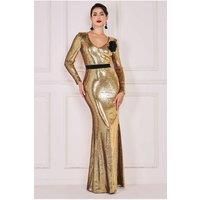 Goddiva Women's Liquid Sequin Corsage Maxi in Gold | Size: 10