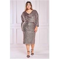 Goddiva Women's Sequin Cowl Neck Midi Dress in Medium Beige | Size: 22