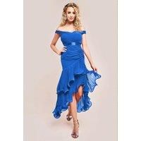 Pleated Bardot High Low Tier Chiffon Midaxi Dress
