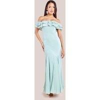 Frilled Off The Shoulder Pleated Chiffon Maxi Dress