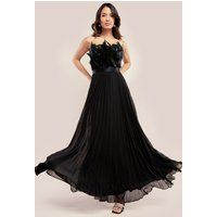 Goddiva Feather Off The Shoulder Pleated Evening Maxi Dress - Black