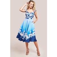 Floral Printed Scuba Foam Skater Dress - Blue by Goddiva