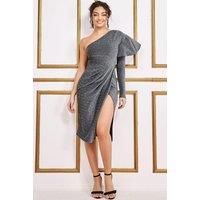 One Sleeve Frill Sparkling Midi Dress
