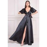 Goddiva Flutter Sleeve Wrapover Satin Maxi Dress - Black