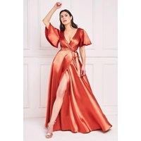 Goddiva Flutter Sleeve Wrapover Satin Maxi Dress - Orange