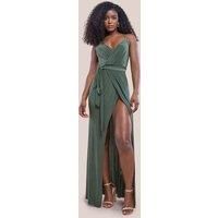 Wrap Front Maxi Slip Dress With Waist Tie-Up - Olive Green by City Goddess