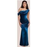Goddiva Women's Cowl One Shoulder Velvet Maxi Dress in Teal | Size: 18