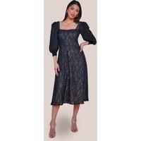 Puff Sleeve Side Slit Flared Jacquard Chiffon Midi Dress