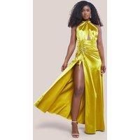 Halter Neck Front Split Satin Maxi Dress