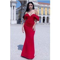 Off The Shoulder Draped Sleeve Maxi Dress - Red by Goddiva