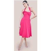 Goddiva Women's Frilled Halter Neck Strap Midi Dress in Magenta | Size: 8