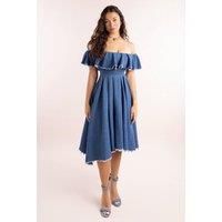 Denim Frilled Bardot High Low Dress