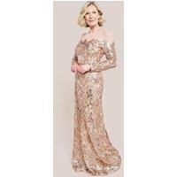 Goddiva Women's Floral Sequin Mesh Maxi Dress in Medium Beige | Size: 10