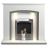 Adam Savanna Fireplace in Pure White & Grey with Downlights & Colorado Bio Ethanol Fire in Brushed Steel, 48 Inch