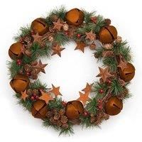40cm Christmas Wreath with Rustic Jingle Bells Stars Pine Cones Berries Leaves for Outdoor Xmas Home Office Mantelpiece Decorations