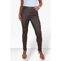 icecoolfashion Women/'s High Waist Stretch Leather Look Jeans Ladies Skinny Coated Jean Trousers with Pockets Brown 10-22 (18)