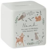 Personalised Message Woodland Animal Print Ceramic Money Box