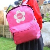 Custom Personalised Flower Pink Kids Backpack, Adjustable Padded Straps, Front Zip Pocket, 3-11 Years. Back to school