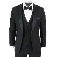 Mens 3 Piece Black Classic Satin Tuxedo Dinner Suit Tailored Fit Wedding Prom