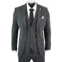Mens Grey Black 3 Piece Tweed Suit Herringbone Wool Vintage Retro Peaky Blinders