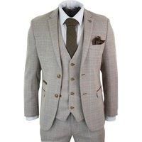 Paul Andrew Mens Check Tweed Beige Brown 3 Piece Suit Wedding Prom Vintage Retro Classic
