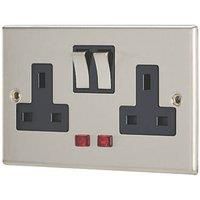 Contactum Iconic 13A 2-Gang DP Switched Socket Outlet Brushed Steel with Neon with Black Inserts (175RP)