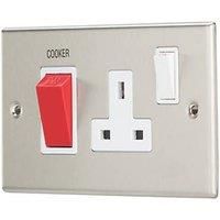 Contactum iConic 45A 2-Gang DP Cooker Switch & 13A DP Switched Socket Brushed Steel with White Inserts (391RP)