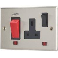 Contactum iConic 45A 2-Gang DP Cooker Switch & 13A DP Switched Socket Brushed Steel with Neon with Black Inserts (521RP)