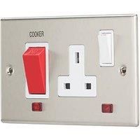Contactum iConic 45A 2-Gang DP Cooker Switch & 13A DP Switched Socket Brushed Steel with Neon with White Inserts (761RP)